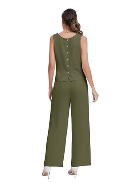 Women's Summer Two Piece Set Button Back Tank Top Flowy Beach Pants - Picture 6 of 7